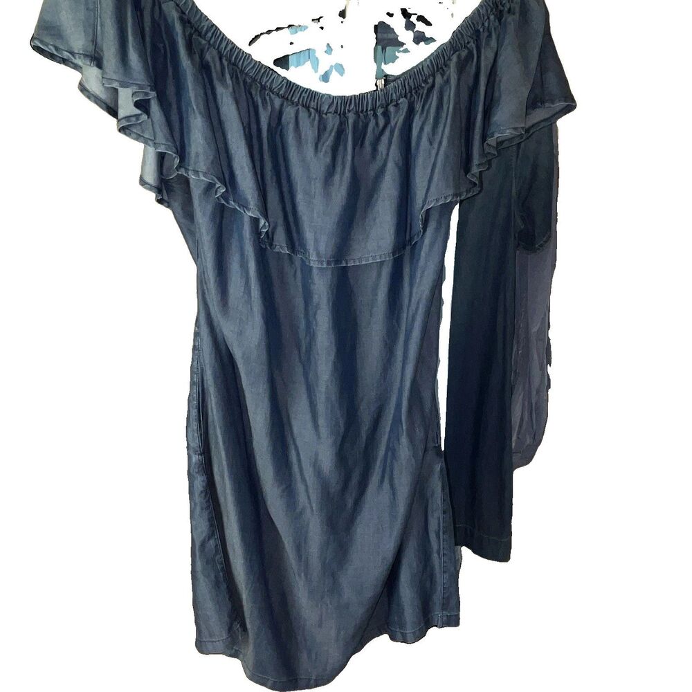 Tommy Bahama Blue Solid Chambray Off Shoulder Ruffle Shift Knee Dress XL - Picture 3 of 5